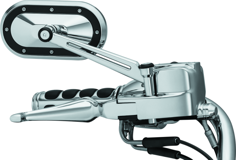 Kuryakyn Heavy Industry Chrome and Black Mirrors for Harley-Davidson and Powersports applications, showing sleek motorcycle mirror design