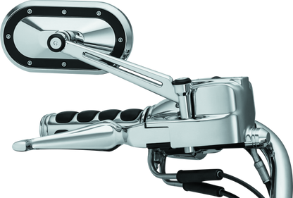 Kuryakyn Heavy Industry Chrome and Black Mirrors for Harley-Davidson and Powersports applications, showing sleek motorcycle mirror design
