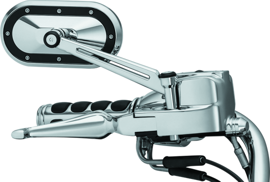 Kuryakyn Heavy Industry Chrome and Black Mirrors for Harley-Davidson and Powersports applications, showing sleek motorcycle mirror design