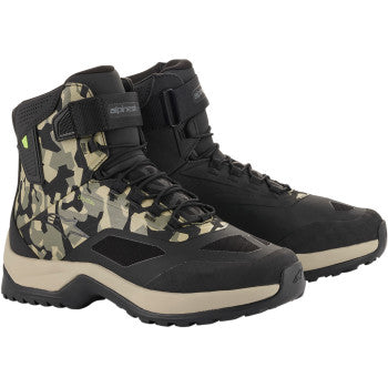 Alpinestars CR-6 Drystar® motorcycle shoes in black, brown, and green with US 8.5 size, featuring durable design and protective elements.