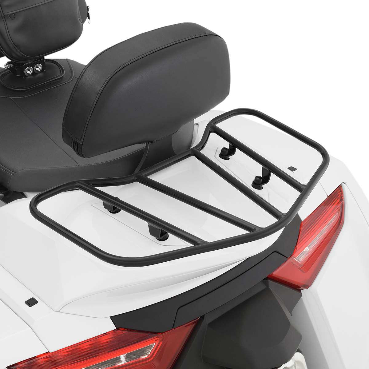 Black SHOW CHROME luggage rack for engine, designed by Bill's Exhausts, featuring sturdy metal construction and mounting brackets.