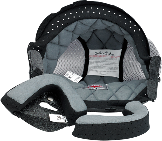 Black and gray BILTWELL Bonanza Liner for helmets, XL size, compatible with Bill's Exhausts motorcycle helmets.