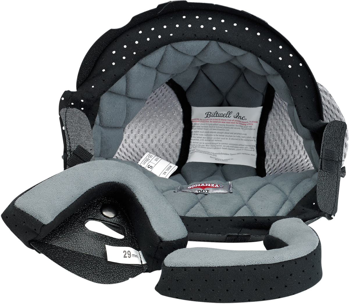 Black and gray BILTWELL Bonanza Liner helmet part in XS size, designed for motorcycle helmets, from Bill's Exhausts.