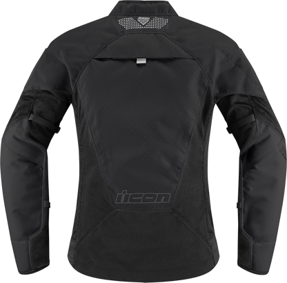 ICON Women's Mesh AF Jacket in Stealth color, black with mesh panels, small size, sporty motorcycle jacket by Bill's Exhausts.