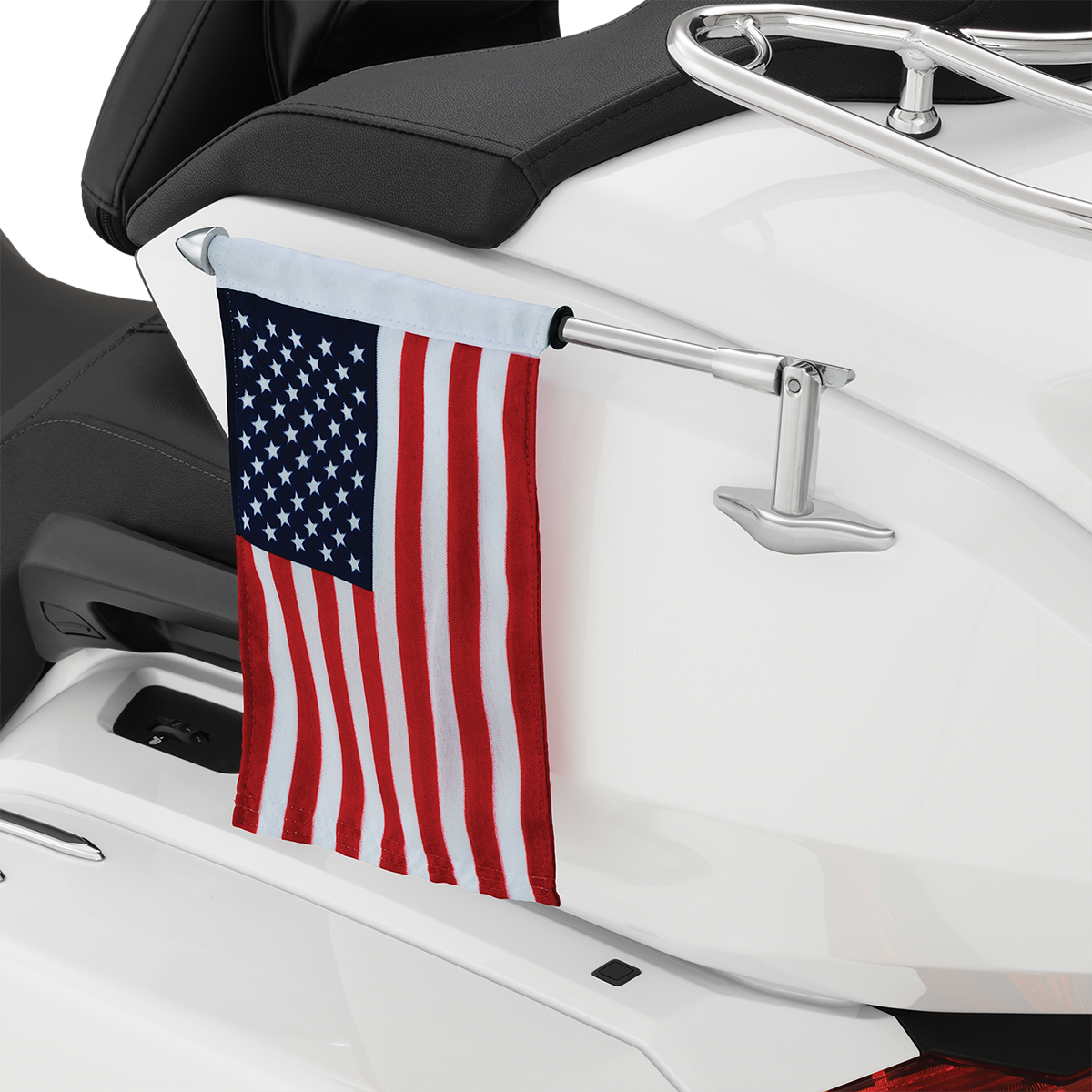 Chrome folding flag pole for GL 1800 engine, showing the sleek, polished metal with the flag attachment in detail.