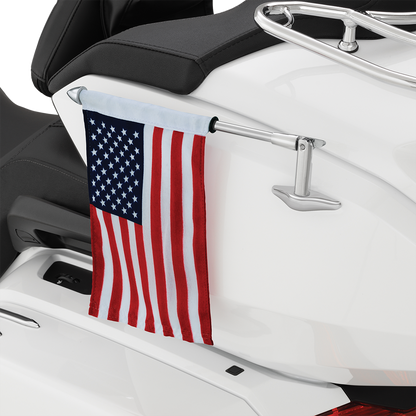 Chrome folding flag pole for GL 1800 engine, showing the sleek, polished metal with the flag attachment in detail.