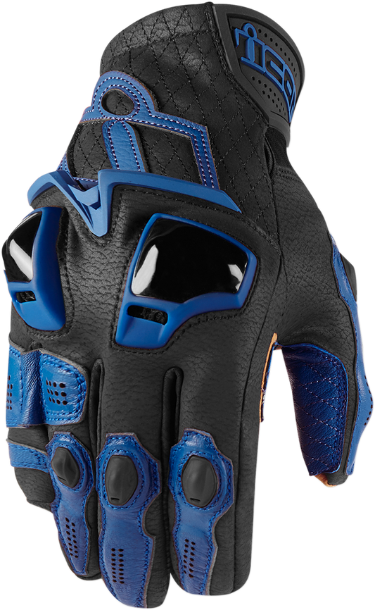 Blue ICON Hypersport™ Short Gloves in large size, showing lightweight design and secure wrist closure for motorcycle riding.