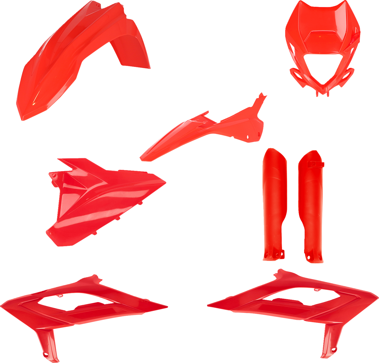Red Acerbis full replacement body kit on a motorcycle, featuring sleek design and vibrant red color, designed for durable custom fit.