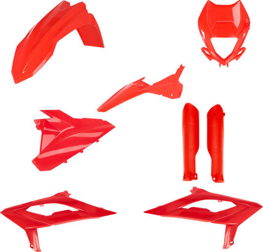 Red Acerbis full replacement body kit on a motorcycle, featuring sleek design and vibrant red color, designed for durable custom fit.