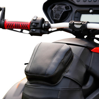 Black Bill's Exhausts SHOW CHROME Ballistic Tank Pouch with black stitching for Ryker 2019-2023, shown on a motorcycle.