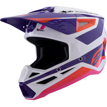 Alpinestars SM3 helmet in gloss white, purple, and pink with medium size, featuring a sleek motorcycle helmet design.