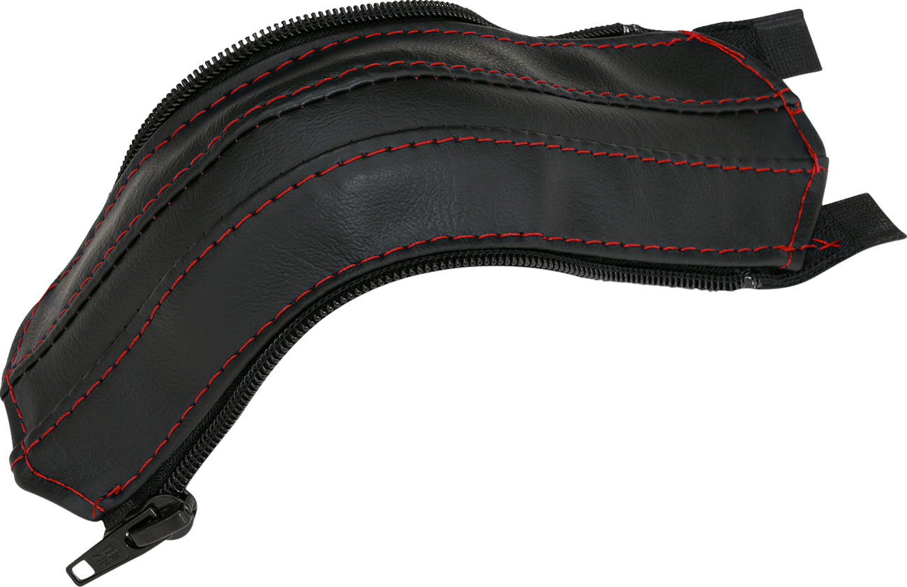 Bill's Exhausts SHOW CHROME red stitch engine grab handle cover with chrome finish and red stitching, designed for motorcycle engines.