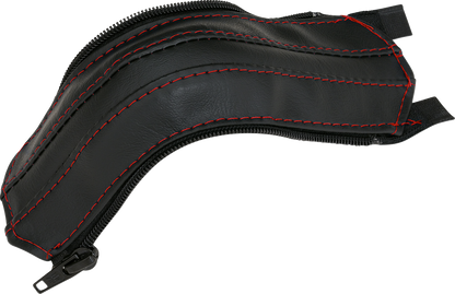 Bill's Exhausts SHOW CHROME red stitch engine grab handle cover with chrome finish and red stitching, designed for motorcycle engines.