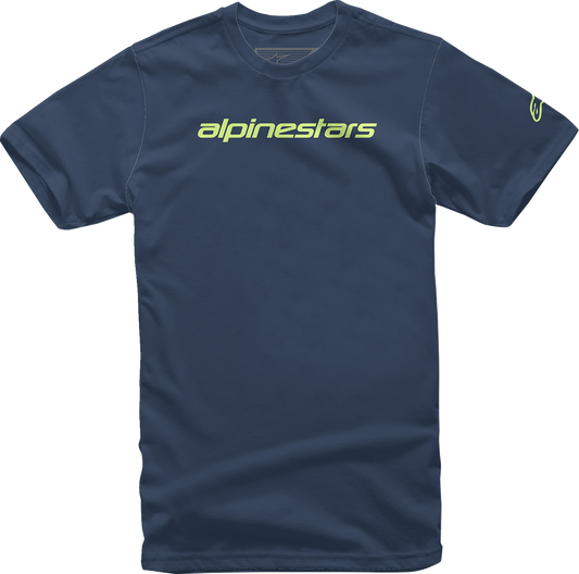 Navy and lime ALPINESTARS Linear Wordmark T-Shirt in medium size, featuring a bold brand logo on the front.