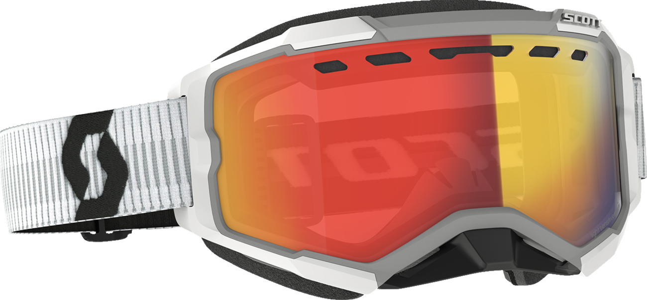 Scott Fury Snow Goggles with light-sensitive lenses, white frame, red chrome accents, designed for winter sports and snowboarding.