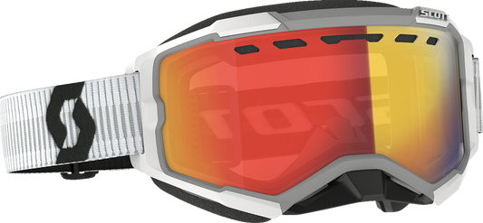 Scott Fury Snow Goggles with light-sensitive lenses, white frame, red chrome accents, designed for winter sports and snowboarding.