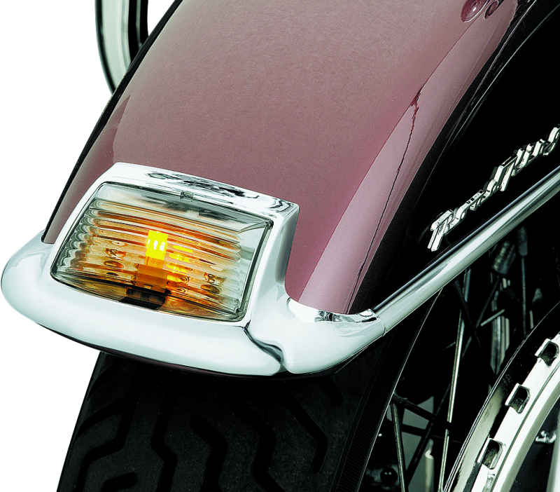 Kuryakyn front smoke fender tip lens with LED for Harley Davidson 2008-2009 motorcycle, showing the smoked lens and LED light.