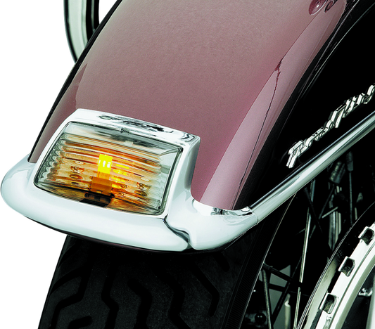 Kuryakyn front smoke fender tip lens with LED for Harley Davidson 2008-2009 motorcycle, showing the smoked lens and LED light.