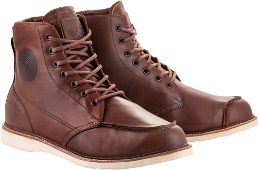 Alpinestars Oscar Monty v2 motorcycle boots in brown, US 9, featuring sturdy leather construction and protective design.