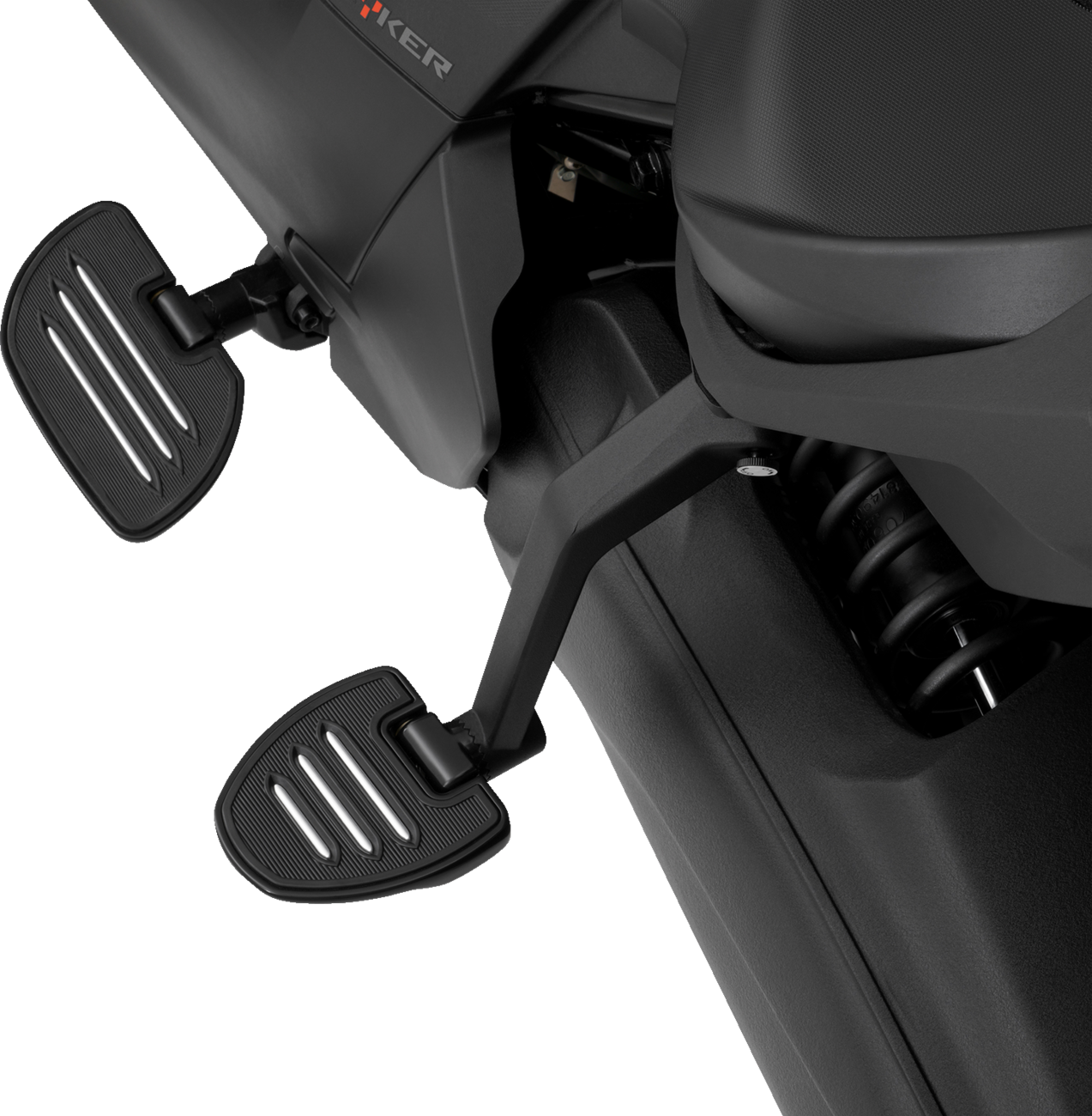 Bill's Exhausts SHOW CHROME adjustable passenger boards for engine, black finish, with mounting brackets and textured surface.