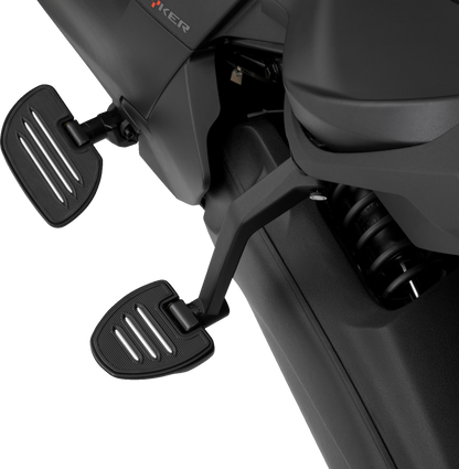 Bill's Exhausts SHOW CHROME adjustable passenger boards for engine, black finish, with mounting brackets and textured surface.