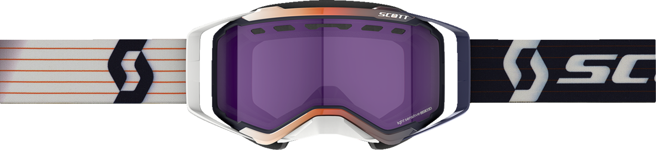 Scott Prospect Snow Goggles with light-sensitive blue chrome lenses, blue and white frame, designed for snow sports.