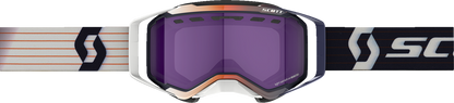 Scott Prospect Snow Goggles with light-sensitive blue chrome lenses, blue and white frame, designed for snow sports.