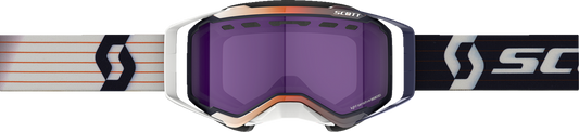 Scott Prospect Snow Goggles with light-sensitive blue chrome lenses, blue and white frame, designed for snow sports.