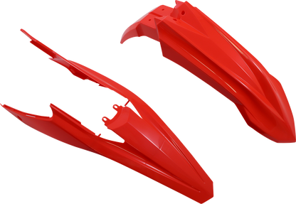 A red Acerbis full replacement body kit for motorcycles, featuring sleek, aerodynamic design panels with detailed bodywork.