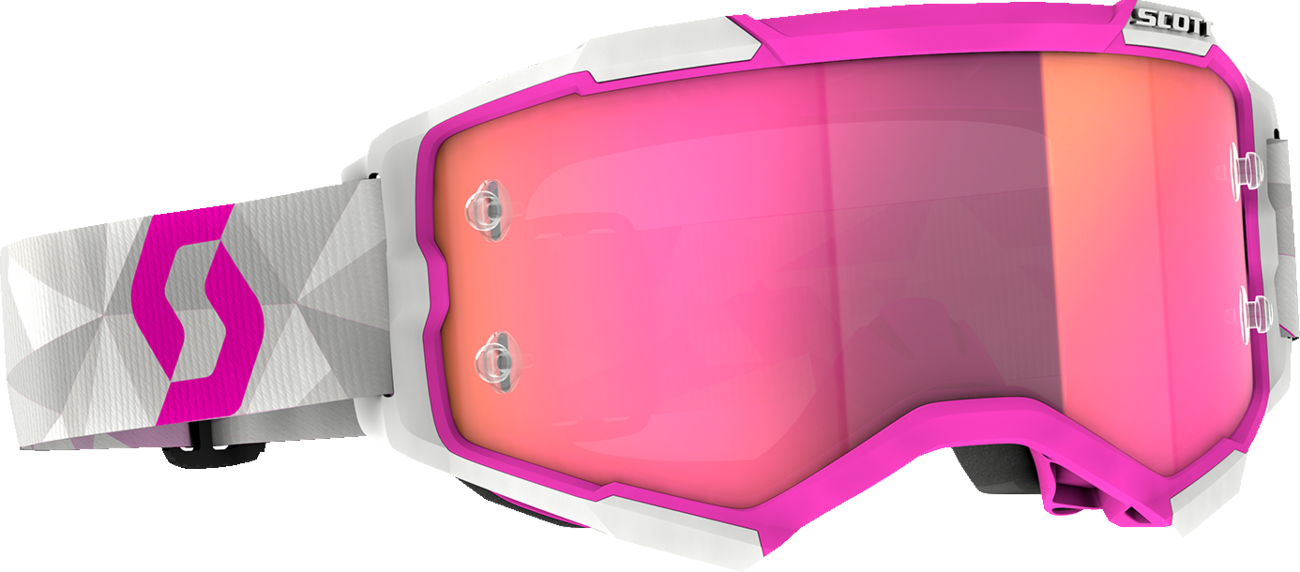 Scott Fury goggles in white and pink with pink chrome lenses, designed for motocross or racing.