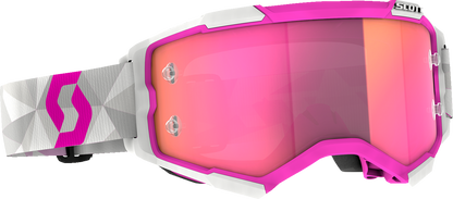 Scott Fury goggles in white and pink with pink chrome lenses, designed for motocross or racing.