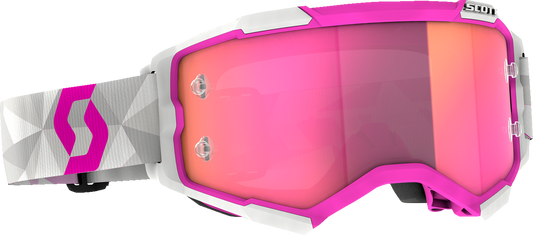 Scott Fury goggles in white and pink with pink chrome lenses, designed for motocross or racing.