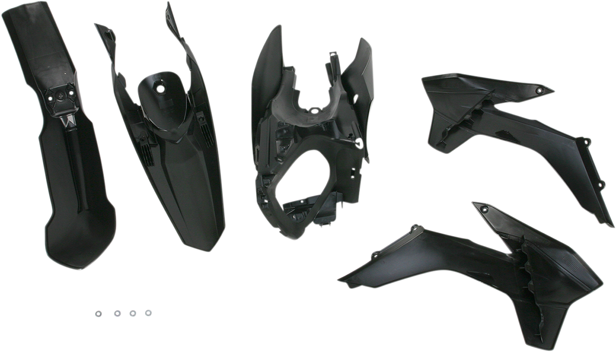 Black Acerbis standard replacement body kit for motorcycles, featuring sleek panels and durable construction.