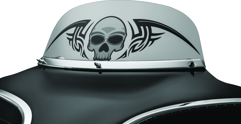 Kuryakyn Smooth Windshield Trim for Harley Davidson Touring models, black metal finish, designed for 1996-2013 motorcycle windshields