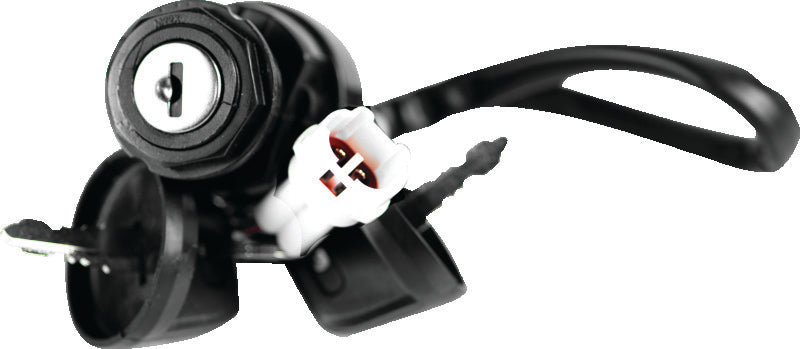 QuadBoss ignition switch for Yamaha YFM550/660 Grizzly, model 403270, shown in close-up with key and wiring.