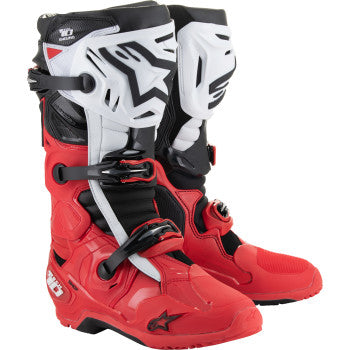 Alpinestars Tech 10 Enduro Boots in bright red, black, and white with rugged design and protective features for off-road riding.