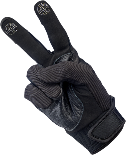 Black BILTWELL Baja gloves in XL size, made by Bill's Exhausts, featuring durable leather and protective knuckle guards.