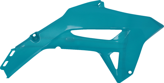 Acerbis teal radiator shrouds for motorcycle body, featuring sleek design and vibrant teal color for enhanced engine cooling and style.
