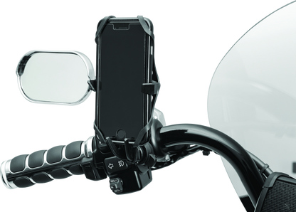 Kuryakyn Free-Flex device holder with perch screw mount in black, showing adjustable mounting arm and secure grip for motorcycle accessories.