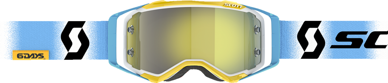 Scott Prospect goggles in white and blue with yellow accents, designed for motocross or racing activities.