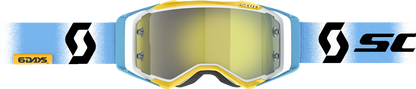 Scott Prospect goggles in white and blue with yellow accents, designed for motocross or racing activities.