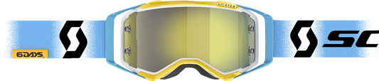 Scott Prospect goggles in white and blue with yellow accents, designed for motocross or racing activities.