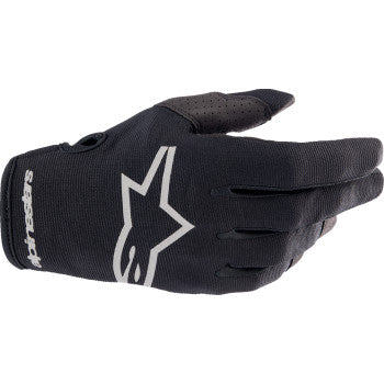 Alpinestars Radar gloves in black with brushed silver accents, 2XL size, showing textured leather and protective knuckle details.