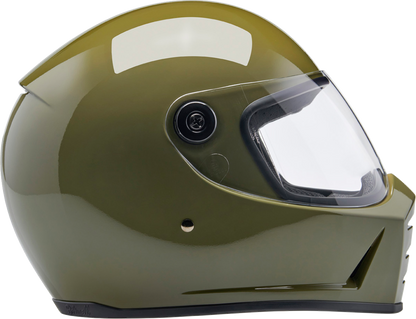 BILTWELL Lane Splitter helmet in glossy olive green, XS size, showcasing its aerodynamic design and matte finish.