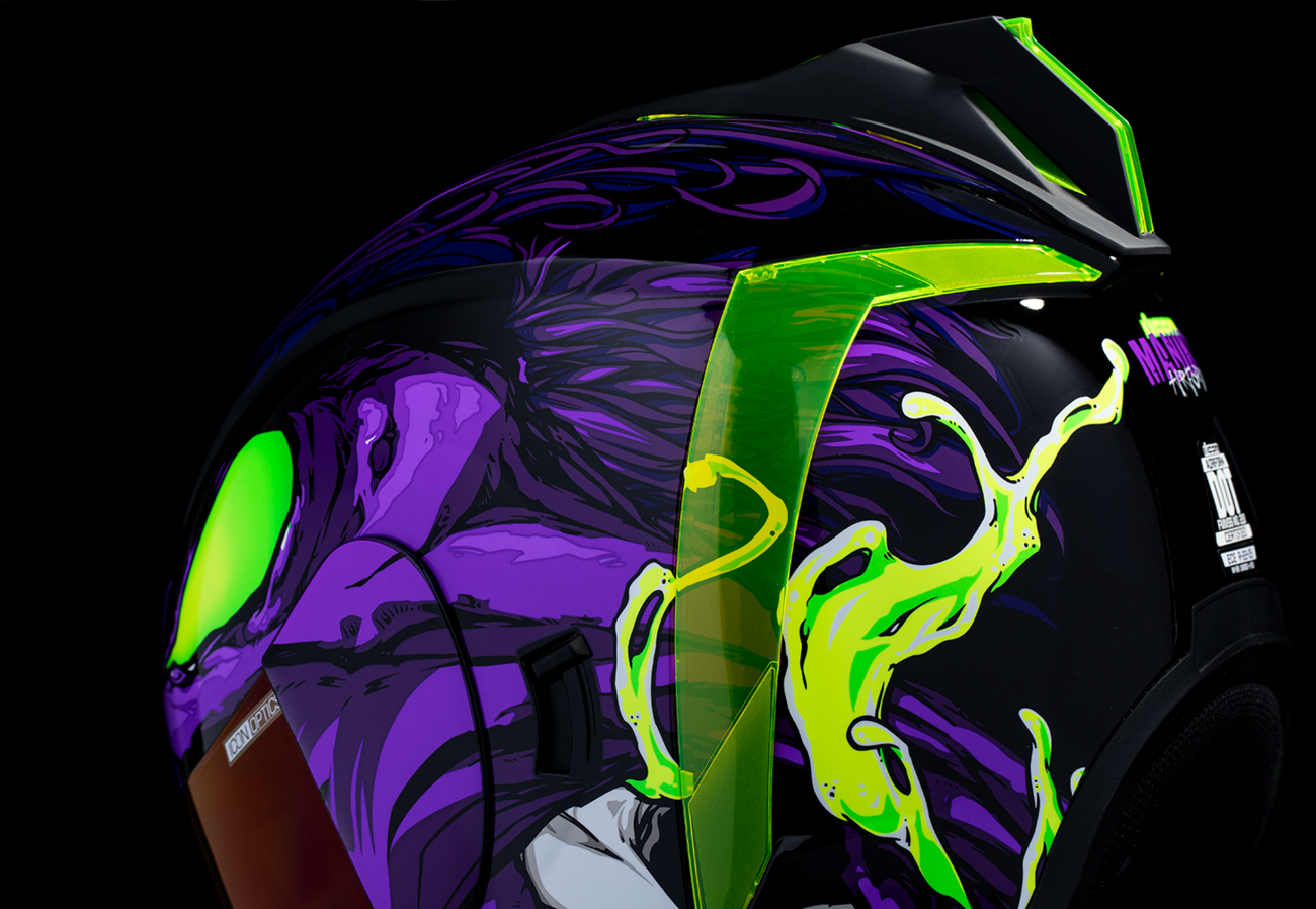 Bill's Exhausts ICON Airform™ helmet in purple with MIPS® protection, size large, featuring a sleek motorcycle helmet design.