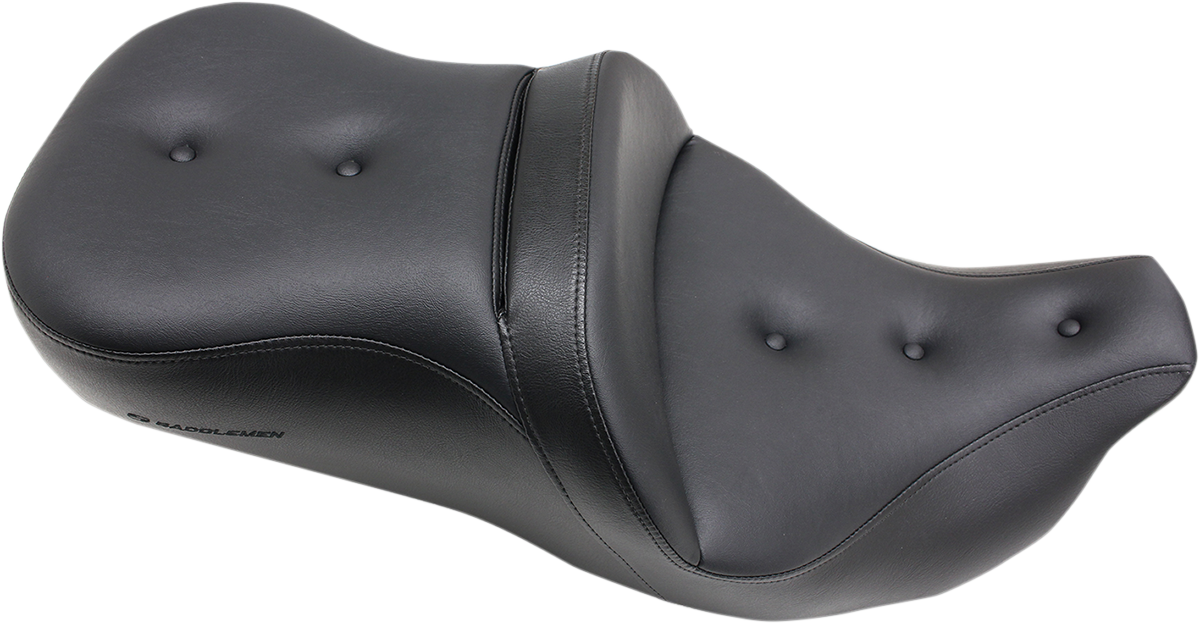 Black Saddlemens Pillow-Top Roadsofa seat with backrest for FLH/FLT '08-'23 motorcycles, featuring cushioned comfort and durable design.
