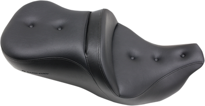 Black Saddlemens Pillow-Top Roadsofa seat with backrest for FLH/FLT '08-'23 motorcycles, featuring cushioned comfort and durable design.