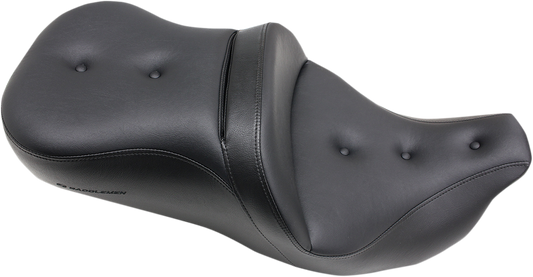 Black Saddlemens Pillow-Top Roadsofa seat with backrest for FLH/FLT '08-'23 motorcycles, featuring cushioned comfort and durable design.