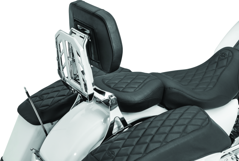 Kuryakyn Neo Driver and Passenger Backrest with Luggage Rack in chrome for motorcycle, showing the backrest and luggage rack assembly