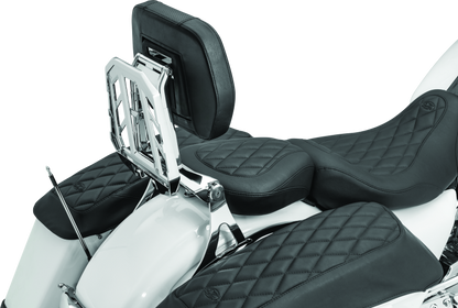 Kuryakyn Neo Driver and Passenger Backrest with Luggage Rack in chrome for motorcycle, showing the backrest and luggage rack assembly